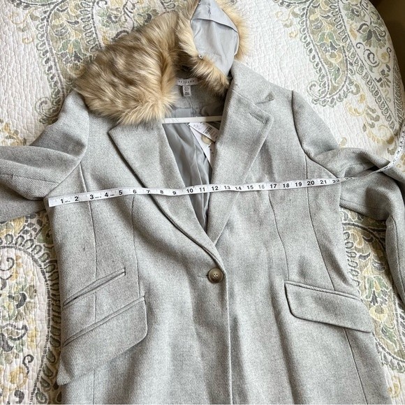 Topshop gray dress coat faux fur removable collar New size US 12 large - Picture 5 of 7